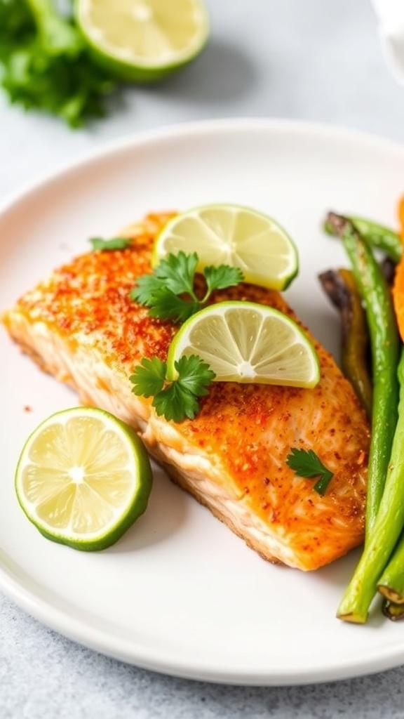 Air fryer salmon fillet garnished with lime and cilantro on a white plate with vegetables.